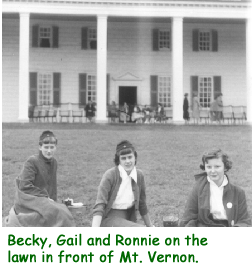 Uniformed Girl Scounts Becky, Gail and Ronnie  sitting on the lawn of Mt. Vernon