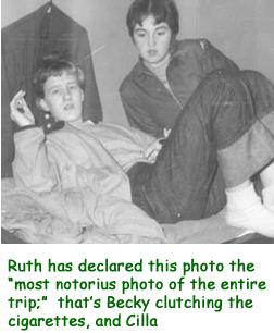 In the tent, Becky, with Cilla, smoking a cigarette; Ruth has named this photo 'the most notorious photo from this trip' 